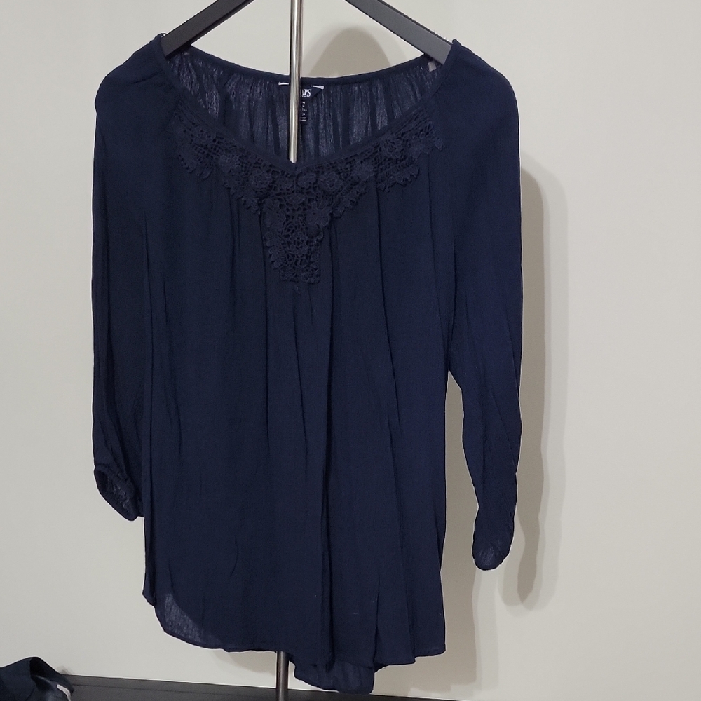 Chaps Blue Ruffled Blouse with 3/4 Sleeves